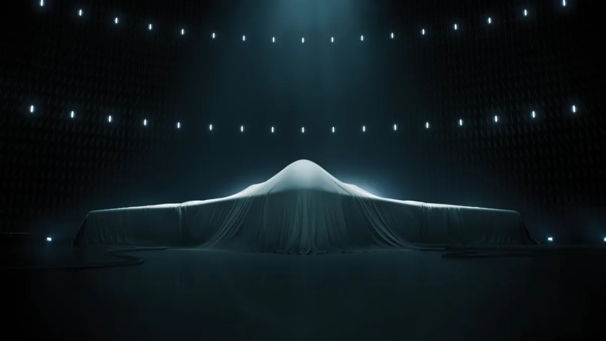 A shrouded B-21 bomber