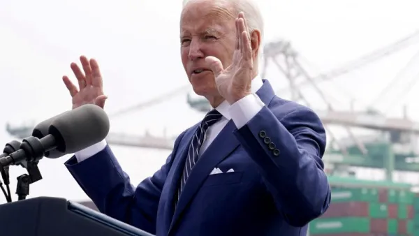 President Biden speaks during a visit to the Port of Los Angeles Friday.