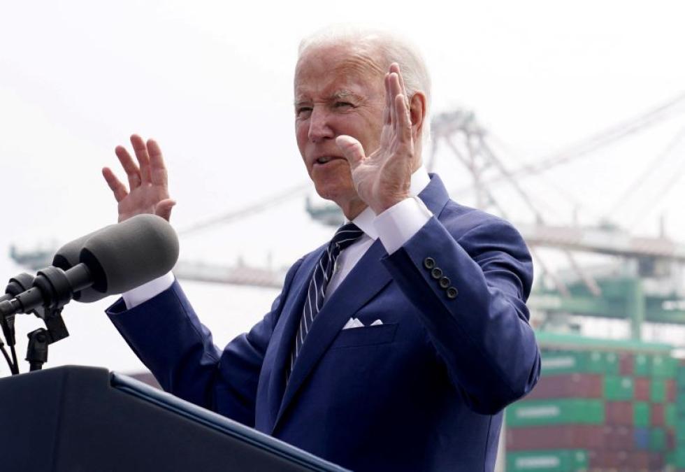 President Biden speaks during a visit to the Port of Los Angeles Friday.