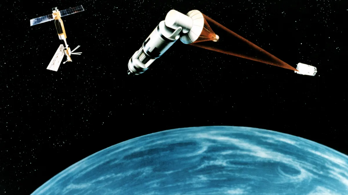 An artist's concept of a Space Laser Satellite Defense System. An artist's concept of a Space Laser Satellite Defense System.