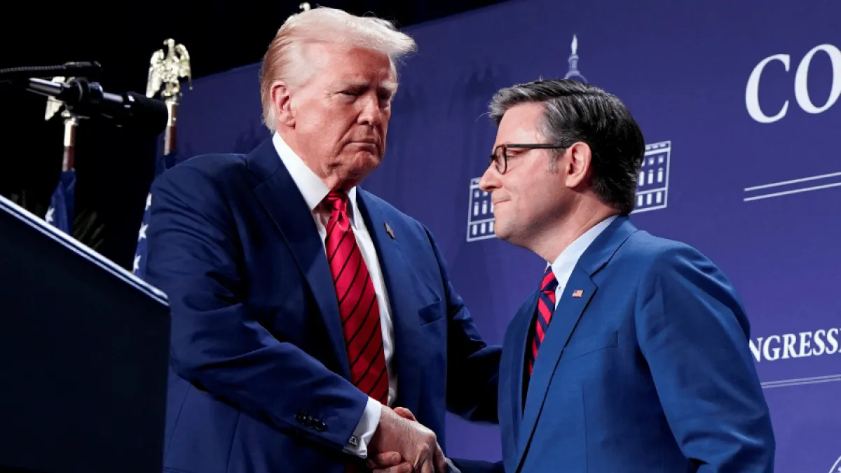 President Donald Trump and Speaker of the House Mike Johnson at a House Republican conference meeting in Trump National Doral resort, in Miami, Florida