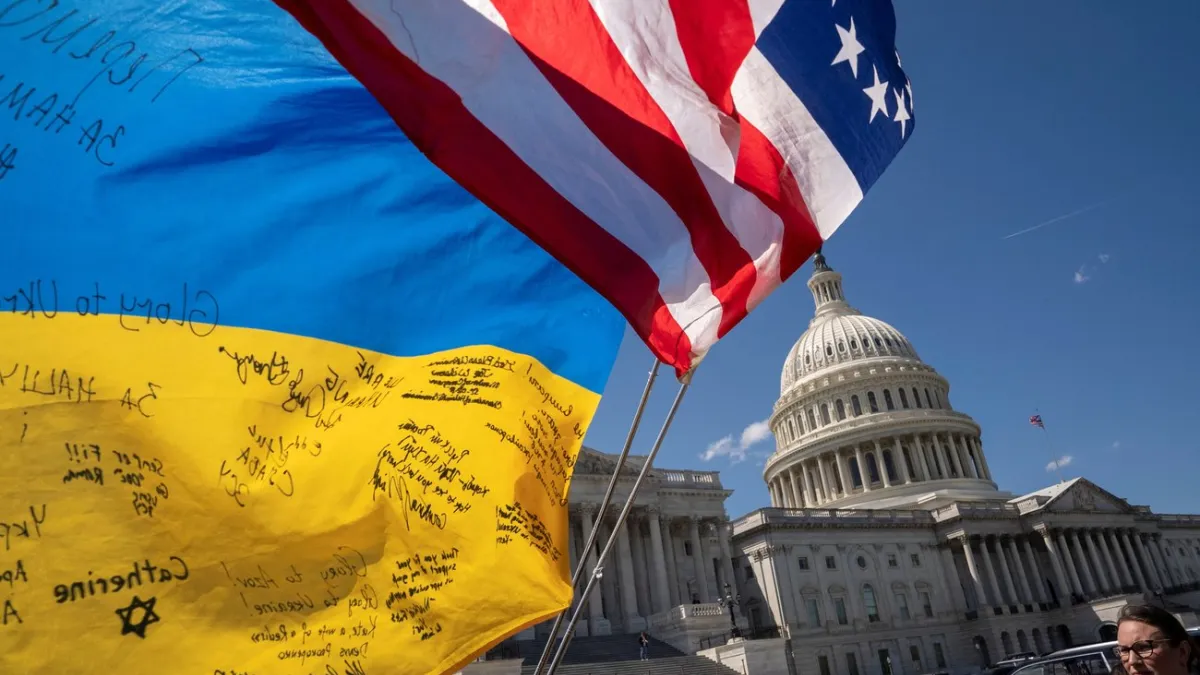 Pro-Ukrainian supporters demonstrate outside the Capitol. Pro-Ukrainian supporters demonstrate outside the Capitol.