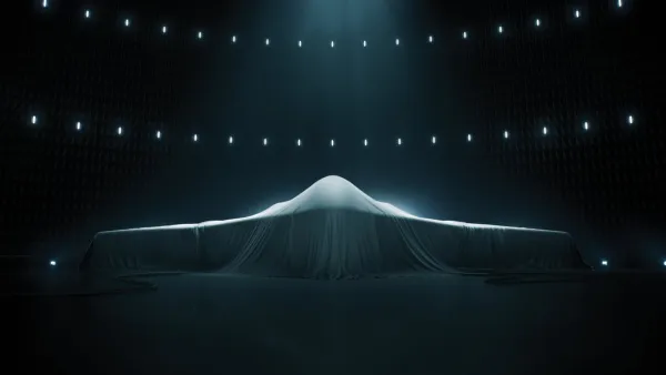 A shrouded B-21 bomber