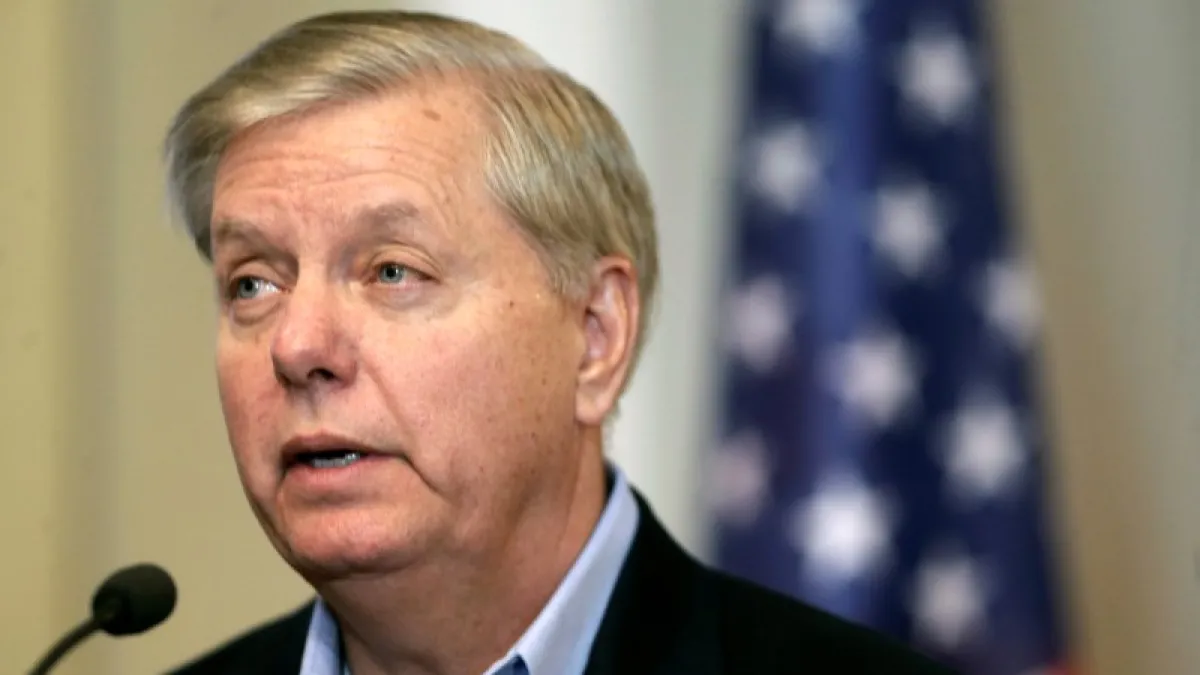U.S. Senator Lindsey Graham speaks during a news conference in Riga