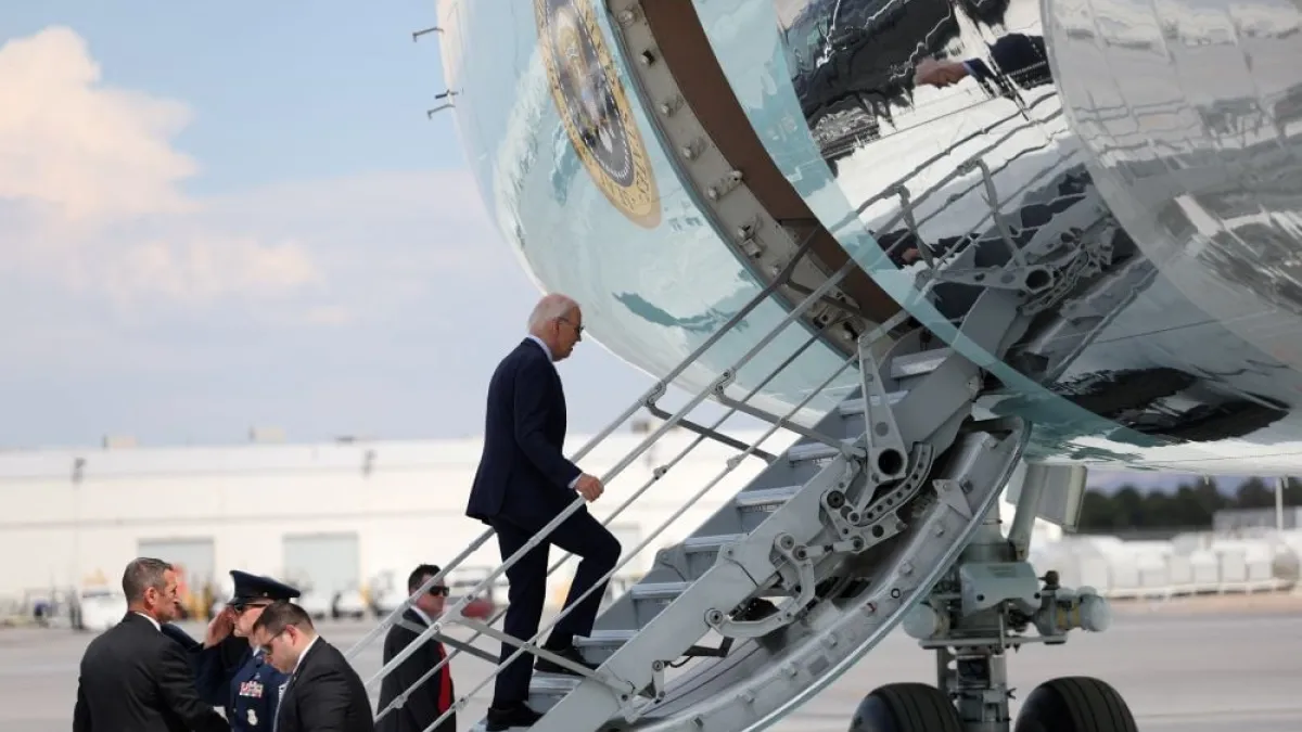 Biden boards Air Force One in Nevada.