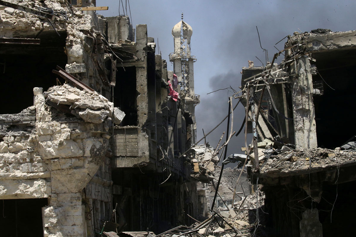 Destroyed buildings from clashes are seen in the Old City of Mosul