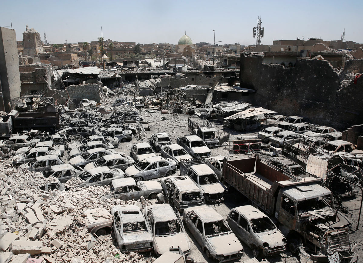 A destroyed al-Hadba minaret at Grand al-Nuri Mosque is seen in Mosul