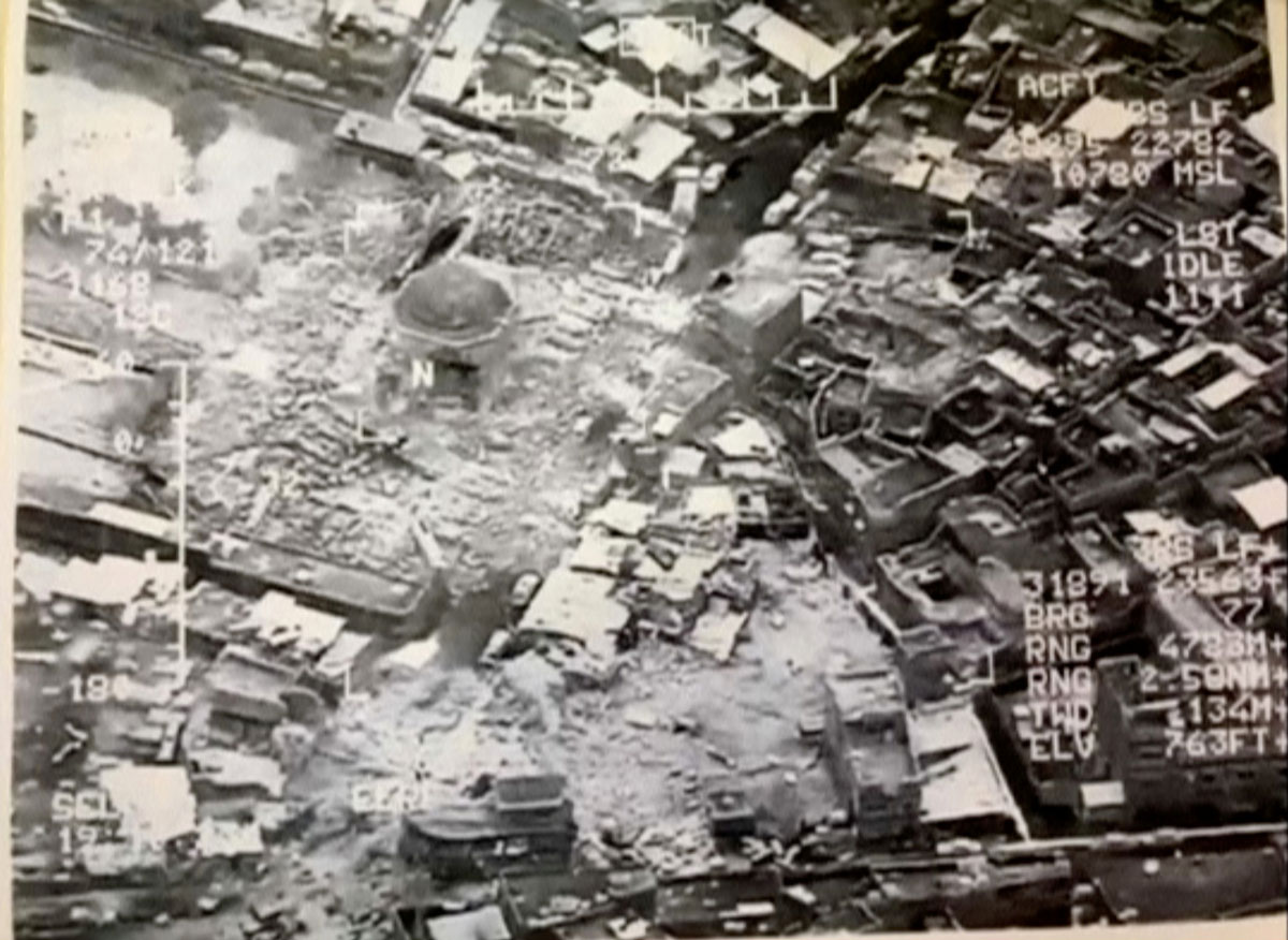 Still image of the destroyed Grand al-Nuri Mosque of Mosul in Iraq