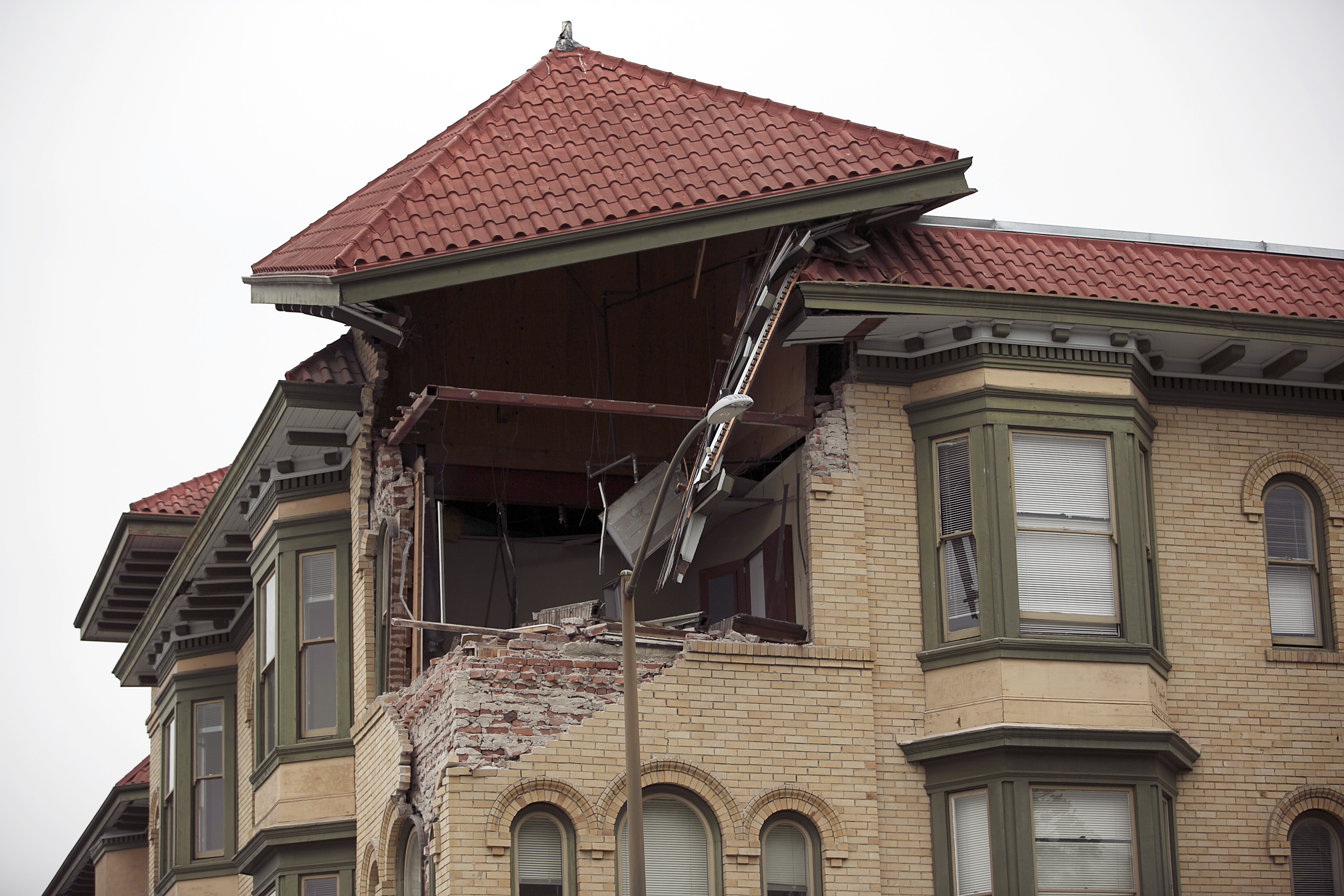 Damage to a downtown building is seen after an earthquake in Napa, California