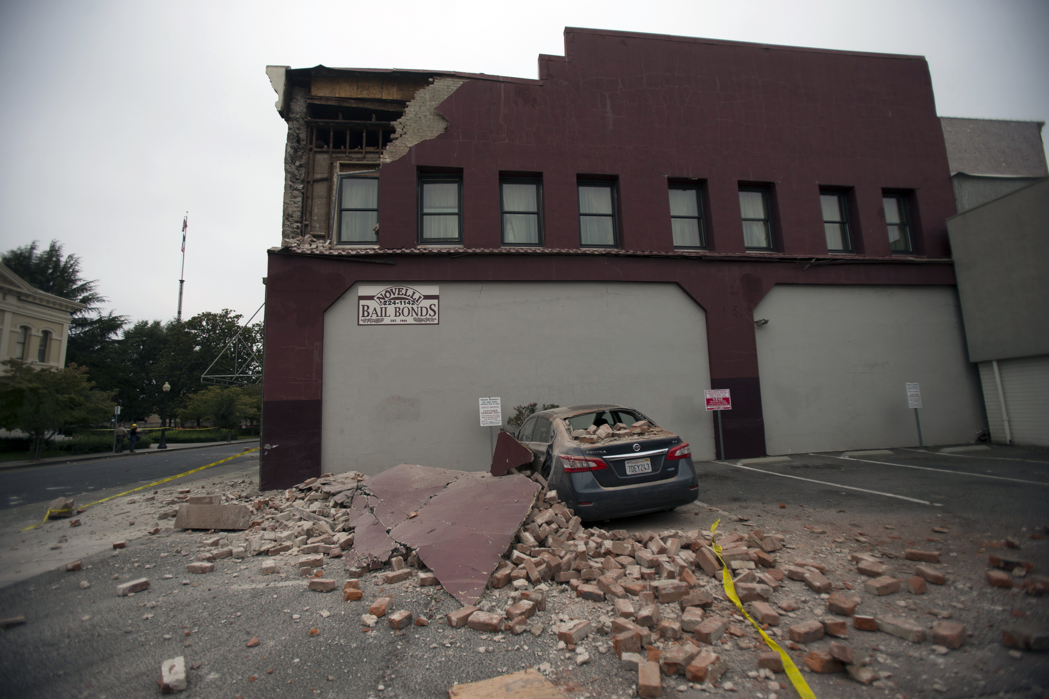 Damage to a downtown building is seen after an earthquake in Napa, California