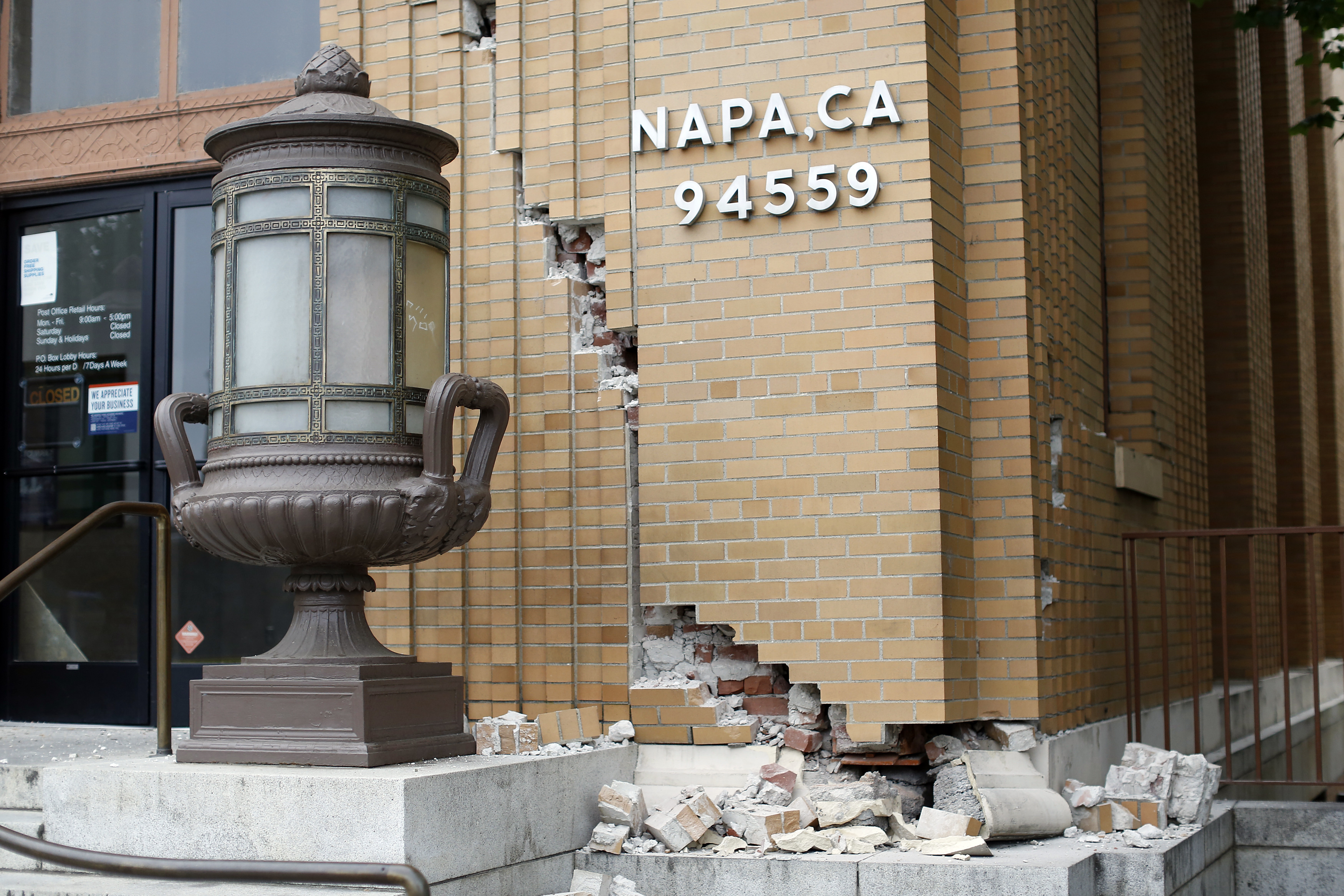 Damage is seen at the U.S. Post Office building after a 6.0 earthquake in Napa, California