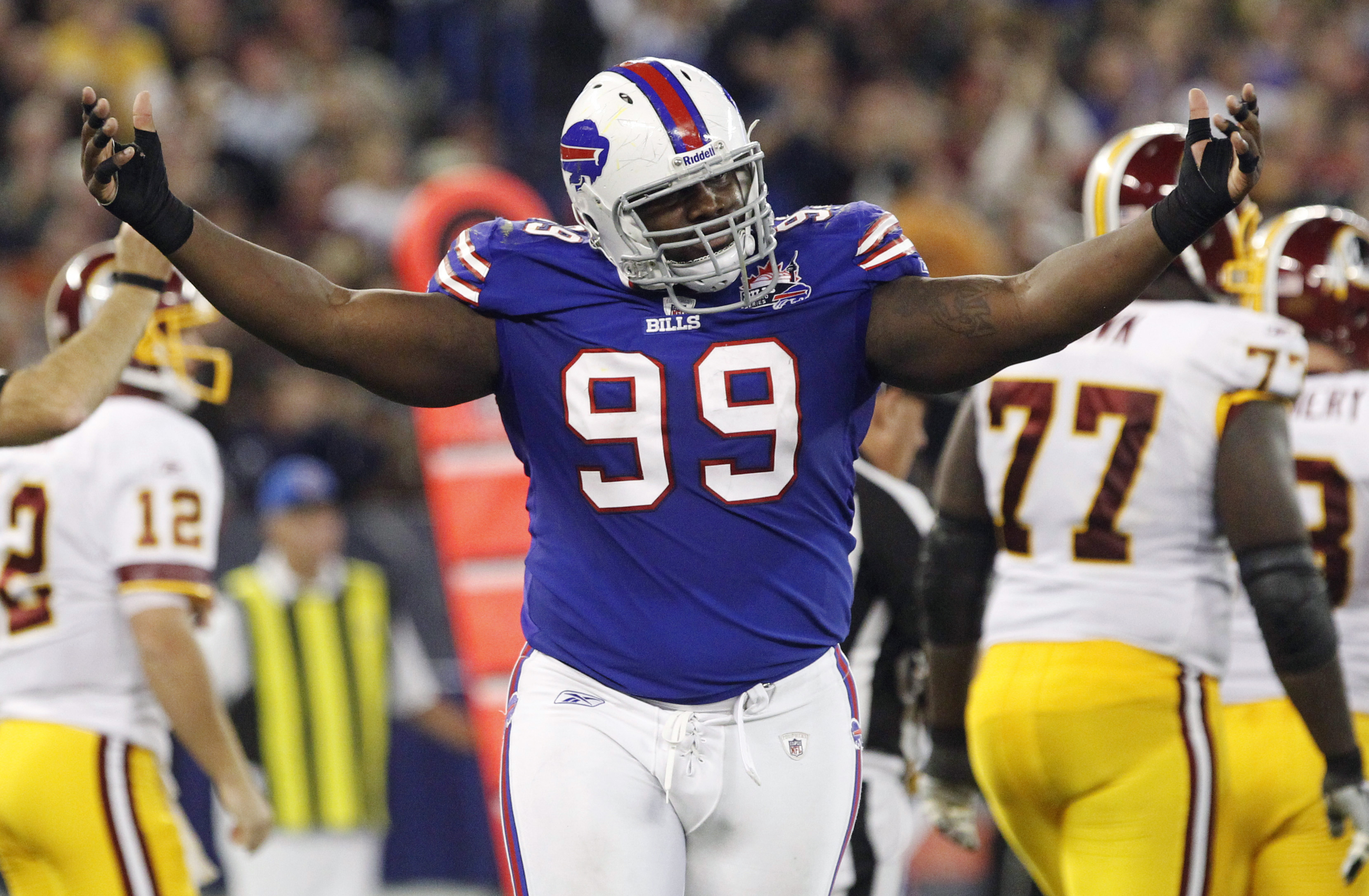 Buffalo Bills Marcell Dareus celebrates his sack against the Washington Redskins during the first half of their NFL football game in Toronto