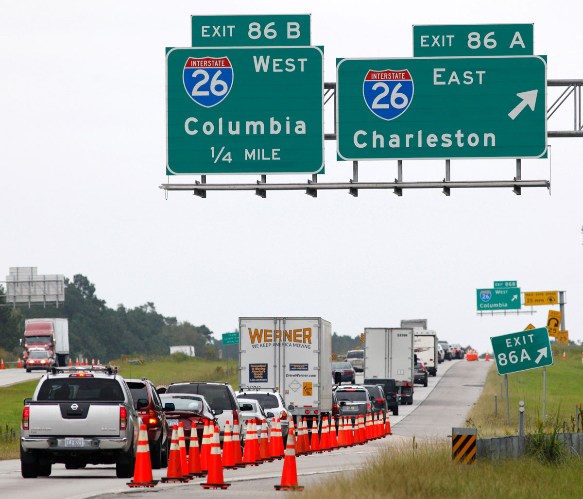 Traffic on Interstate 95 slows at the closed interchange with Interstate 26 after South Carolina Governor Haley ordered an evacuation before the arrival Hurricane Matthew, in Bowman