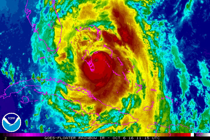 Hurricane Matthew is seen over the Bahamas in this infrared image from NOAA's GOES-East satellite