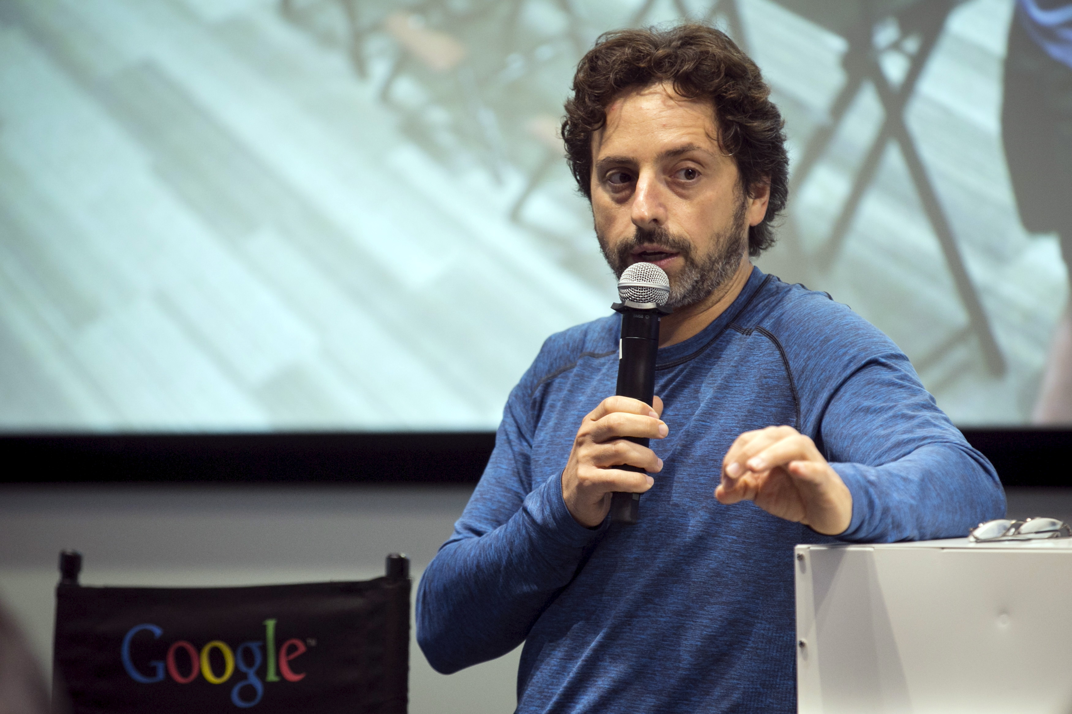 Google co-founder Sergey Brin takes questions from the media following presentations at a media preview of Google's prototype autonomous vehicles in Moutain View, California