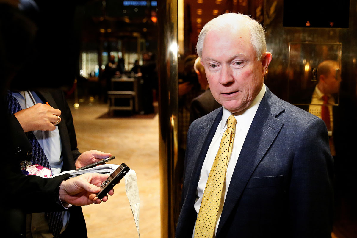 Senator Jeff Sessions (R-AL) arrives in the lobby of Republican president-elect Donald Trump's Trump Tower