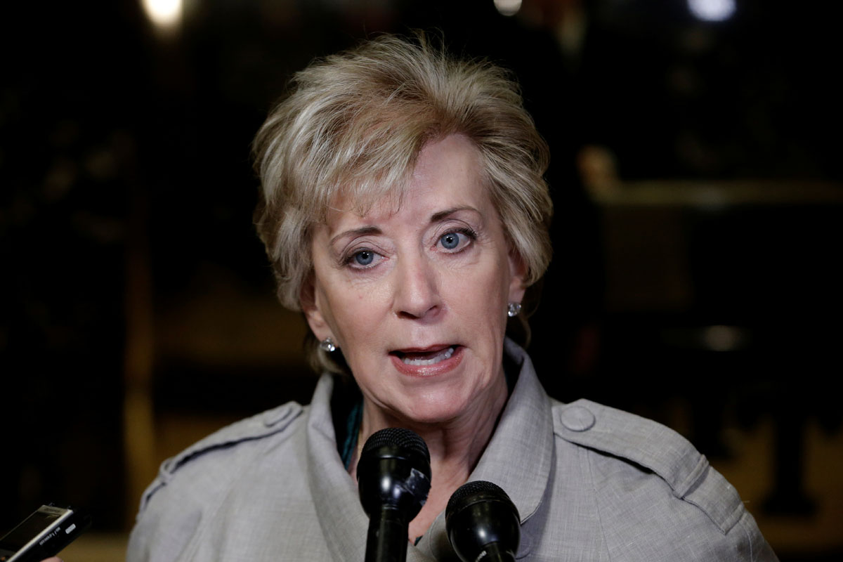 Linda McMahon speaks to members of the news media after meeting with U.S. President-elect Donald Trump at Trump Tower in New York