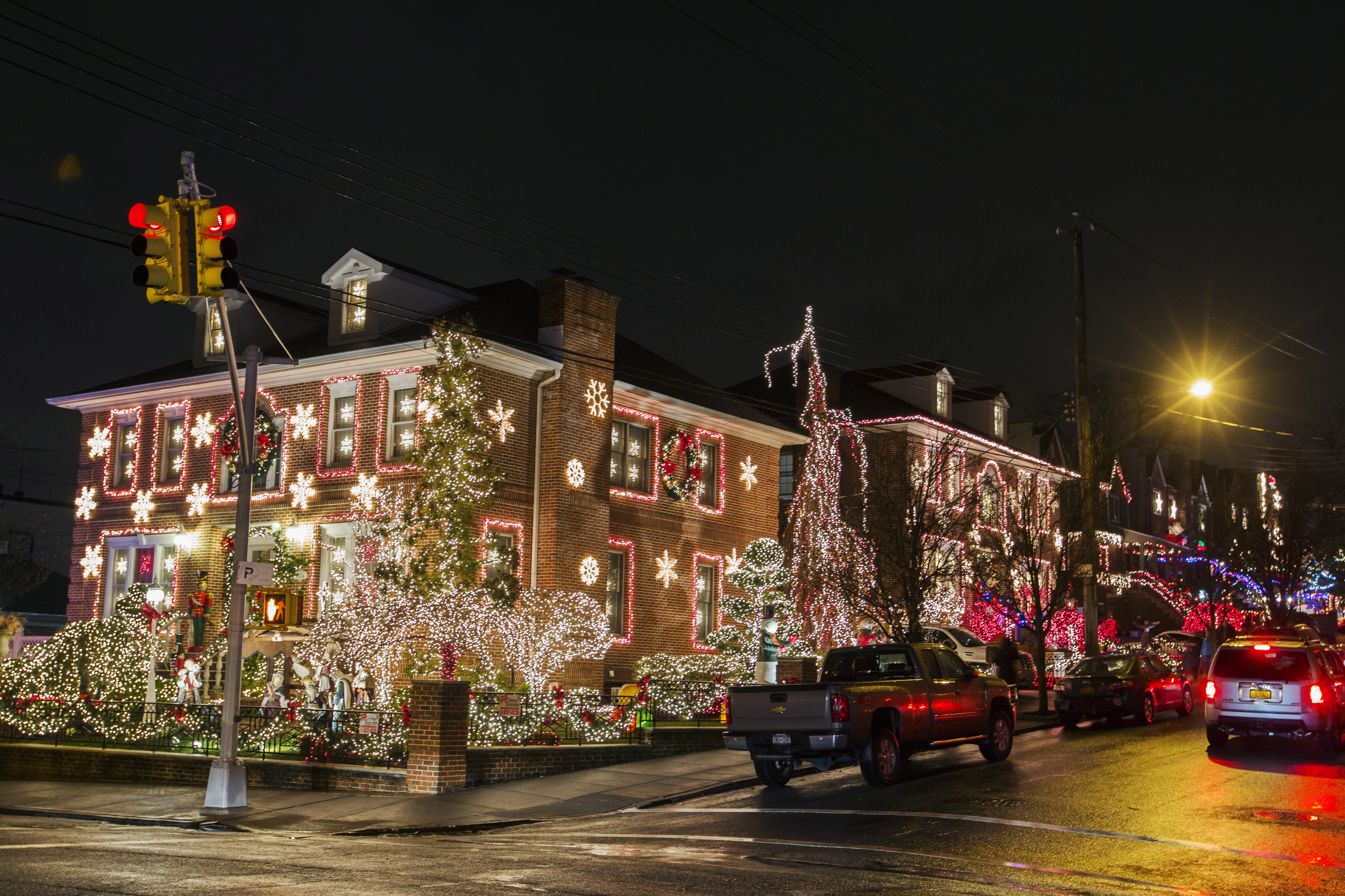 Houses in the Dyker Heights neighborhood of Brooklyn are seen lit up with Christmas decorations in New York