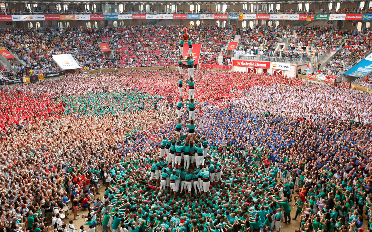 Castellers de Vilafranca form a human tower called "castell" during a biannual competition in Tarragona city