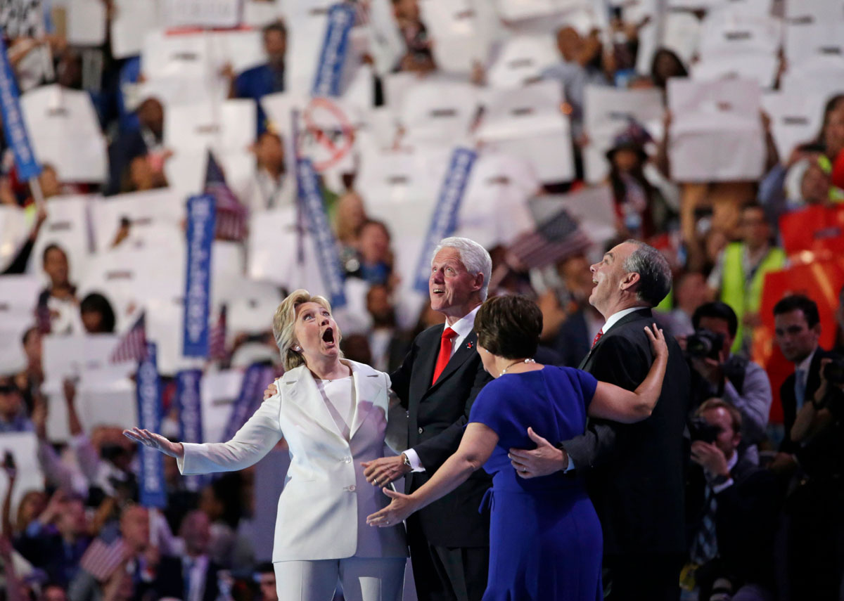 Candidates wait for balloon drop at the Democratic National Convention in Philadelphia, Pennsylvania