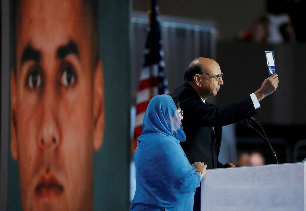 Khizr Khan challenges Republican presidential nominee Donald Trump to read his copy of the U.S. Constitution at the Democratic National Convention in Philadelphia, Pennsylvania