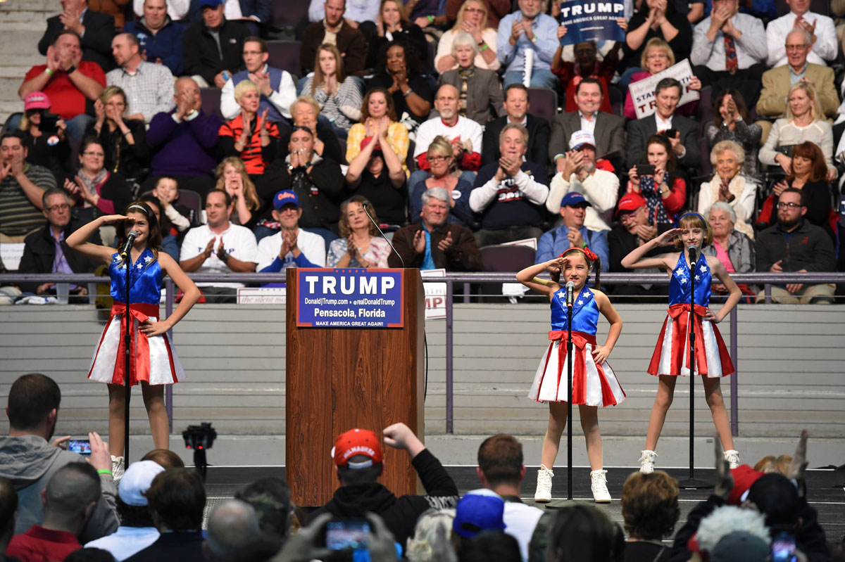 The USA Freedom Kids from Pensacola perform "Freedom's Call" which has become known as the "Trump Jam" during candidate Donald Trump's campaign rally in Pensacola