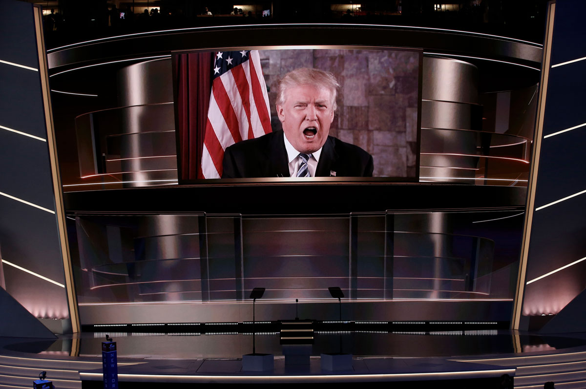 Republican presidential nominee Trump speaks live via satellite during the second session at the Republican National Convention in Cleveland