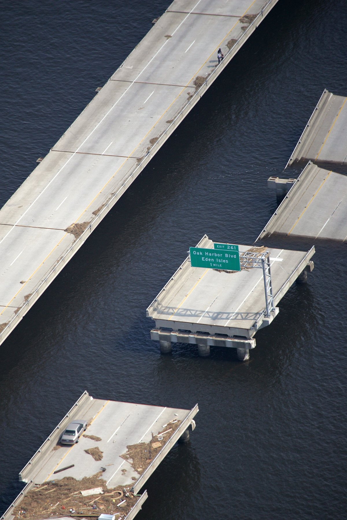 The I-10 bridge between New Orleans and Slidell remains broken in the aftermath of Hurricane Katrina ...