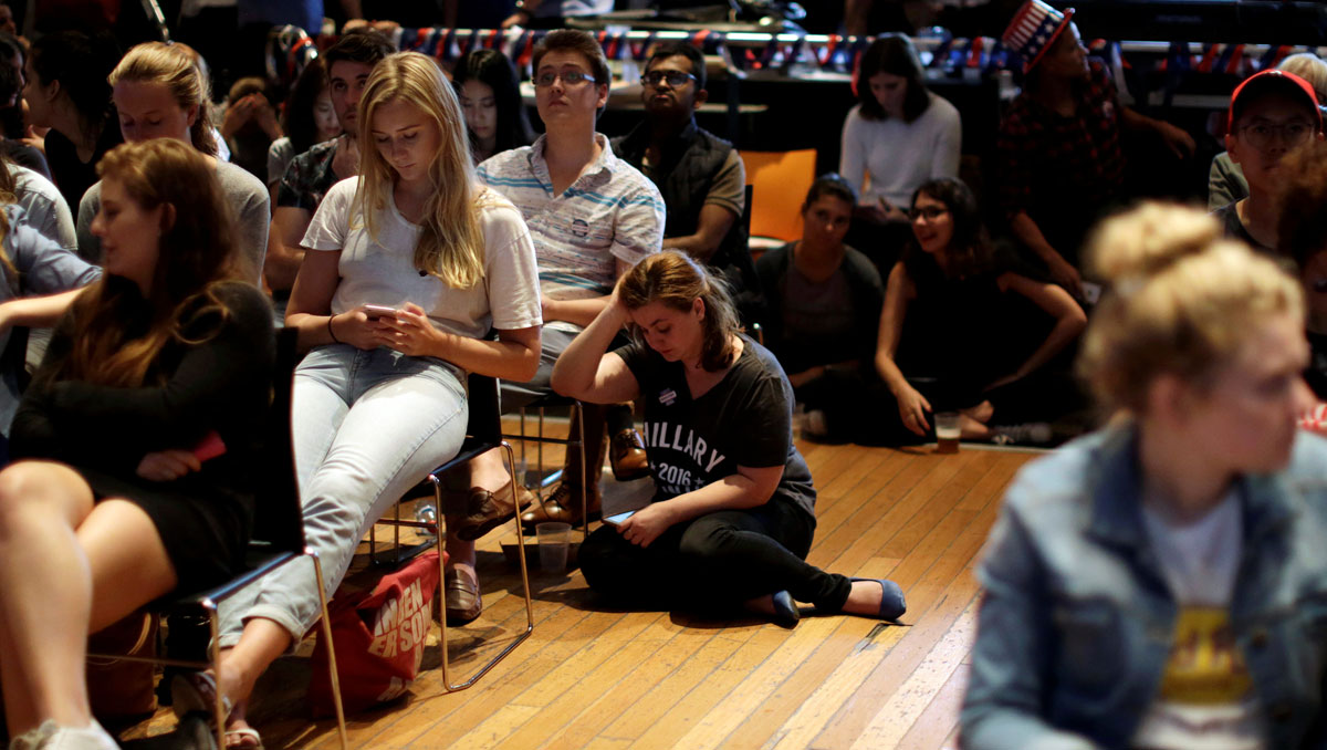 A supporter of Democratic U.S. Presidential candidate Hillary Clinton reacts as Australians watch the results of the U.S. Presidential election at the University of Sydney 