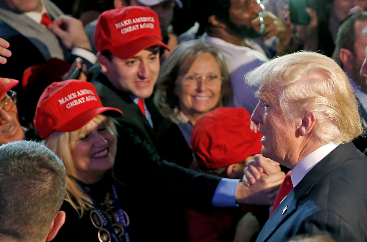 Republican U.S. presidential nominee Donald Trump greets supporters at his election night rally in Manhattan