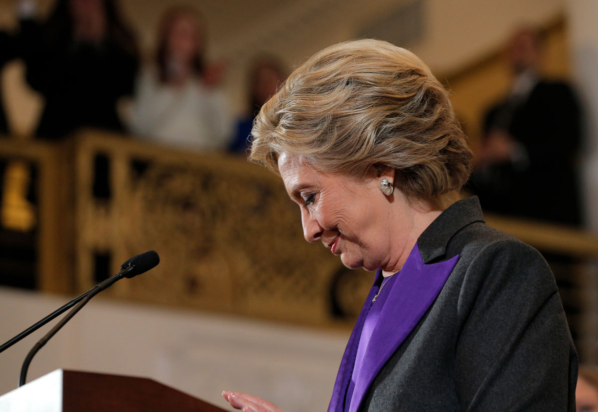 Hillary Clinton addresses her staff and supporters about the results of the U.S. election at a hotel in New York