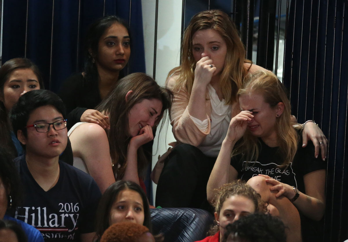 Supporters of U.S. Democratic presidential nominee Hillary Clinton react at her election night rally in Manhattan