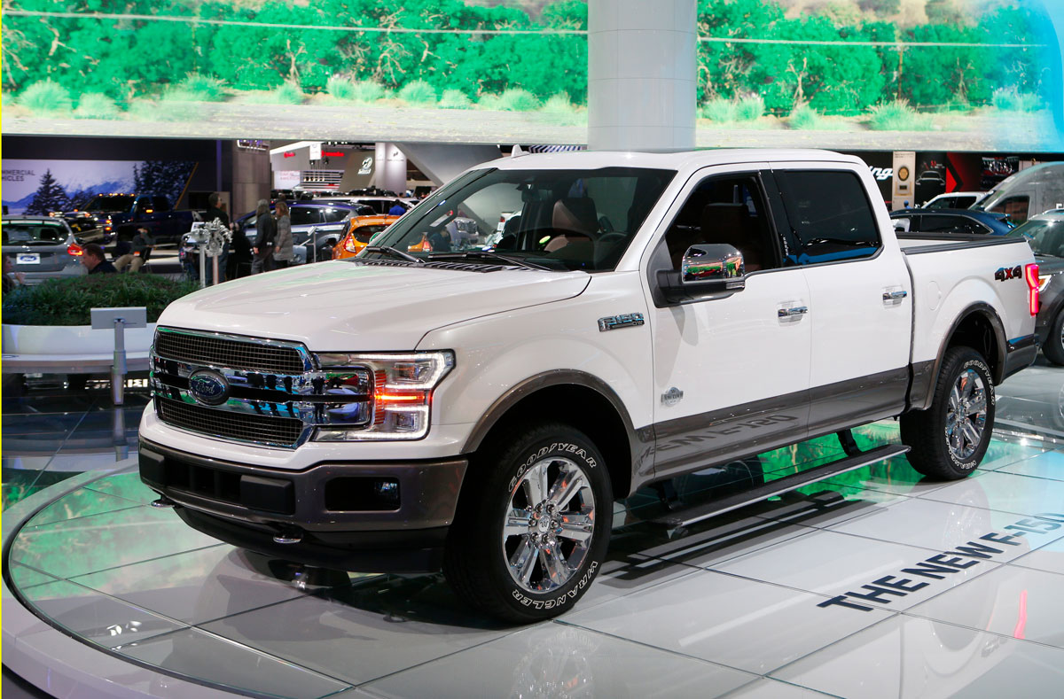 A 2018 Ford F-150 "King Ranch" pickup truck is displayed during the North American International Auto Show in Detroit