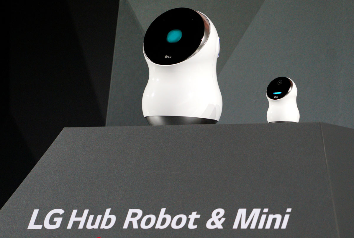 The new LG Hub Robot and Hub Robot Mini are displayed at the LG press conference in Las Vegas