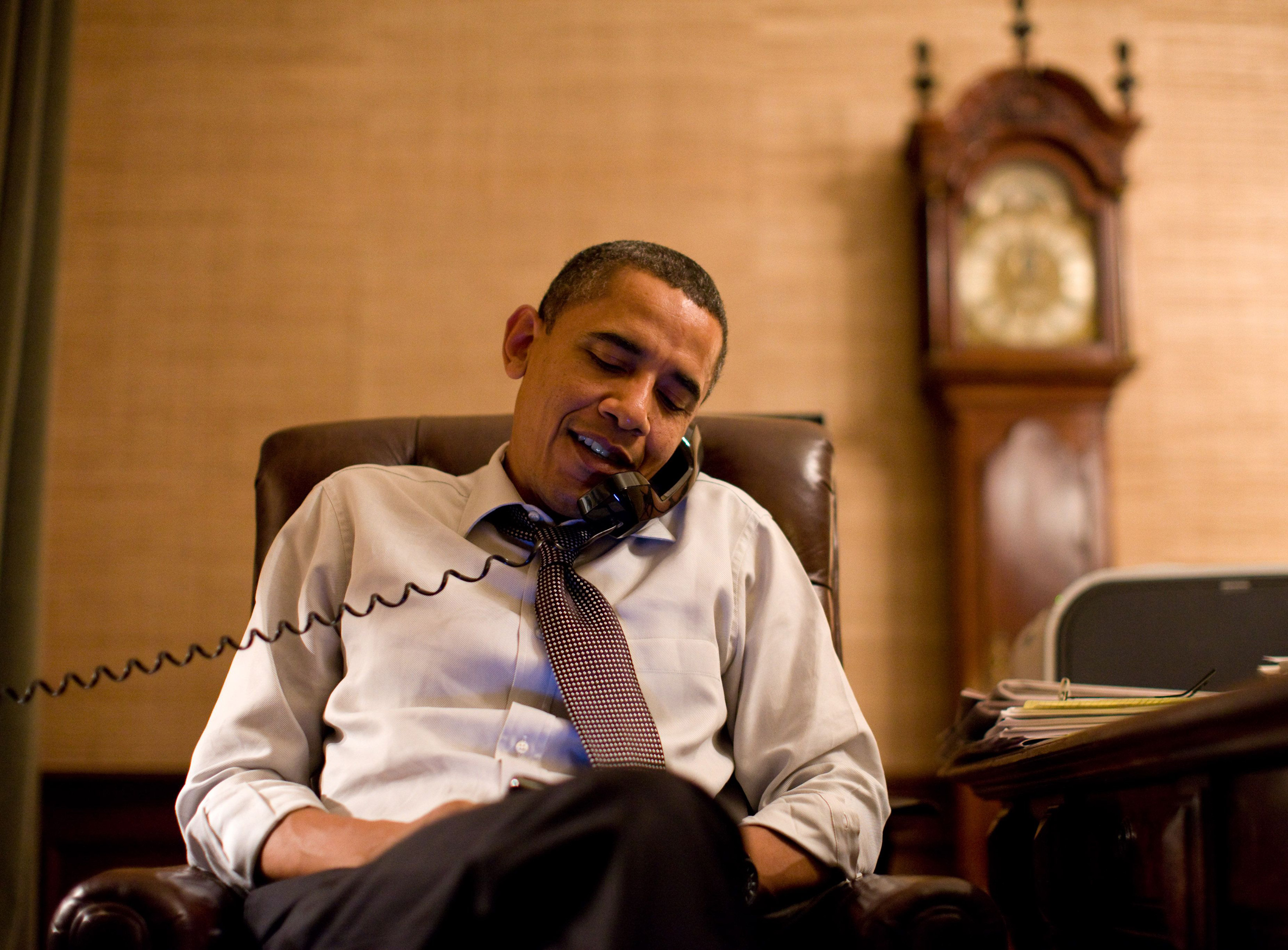 File photo of U.S. President Barack Obama making an election night phone call to Rep. John Boehner (R-OH) from his Treaty Room office in the White House