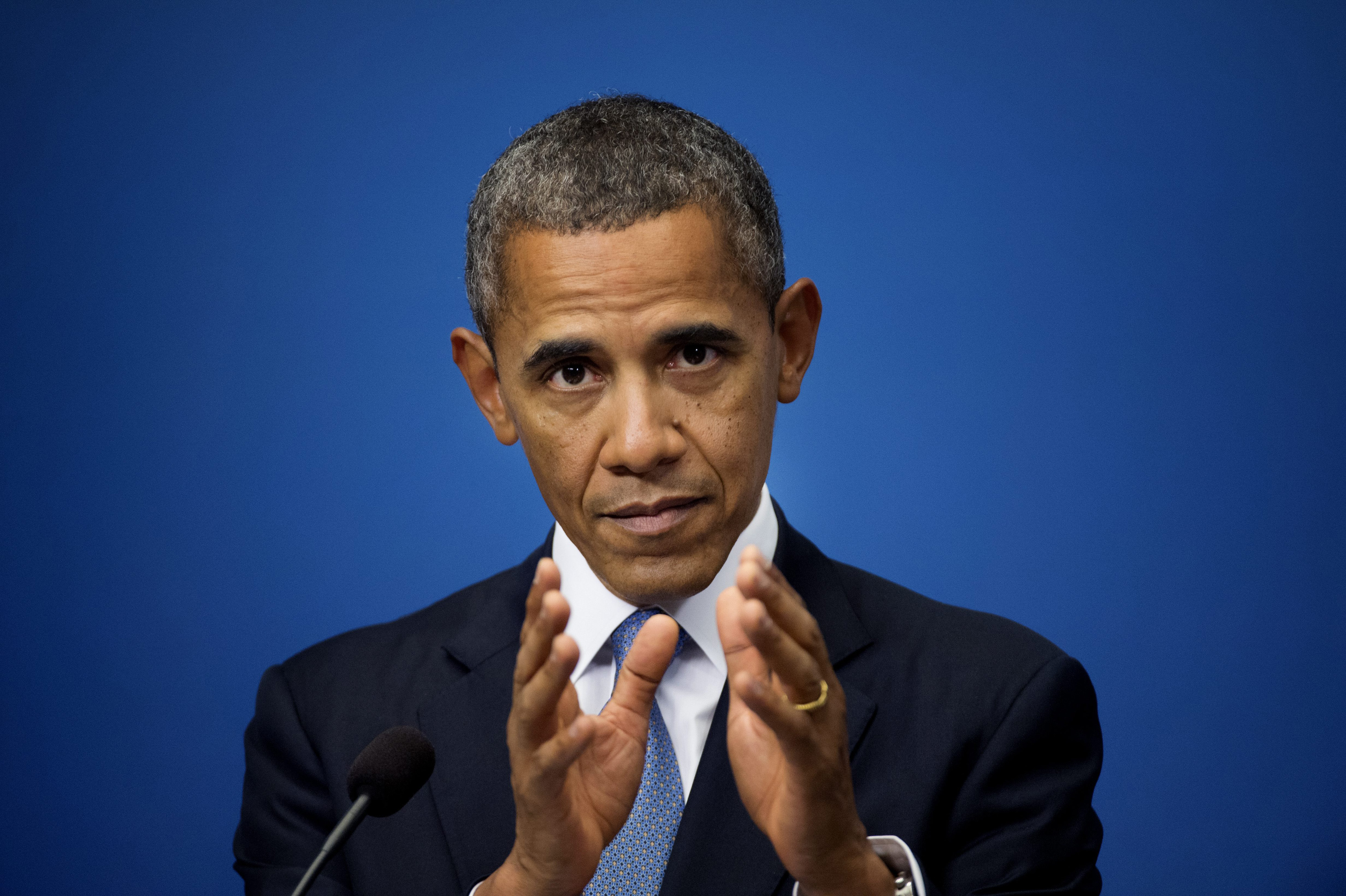 U.S. President Obama speaks during his joint news conference with the Swedish prime minister at the chancellery Rosenbad in Stockholm