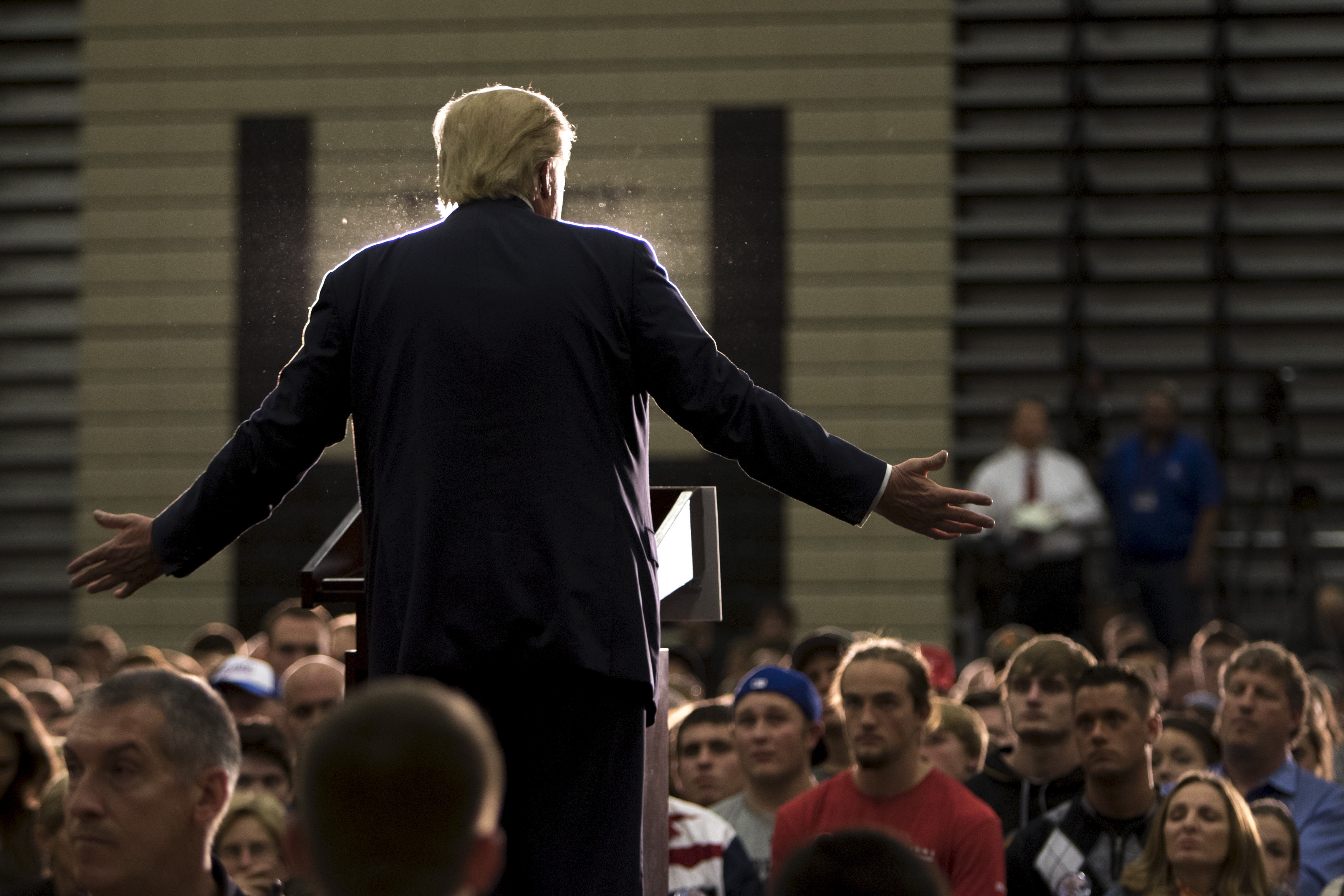 Republican U.S. presidential candidate Trump speaks during a campaign rally at West High School in Sioux City, Iowa