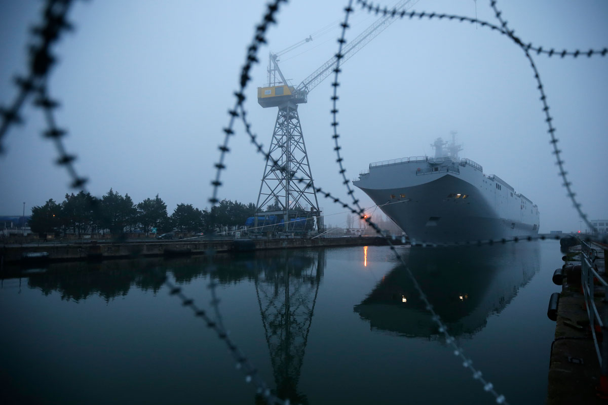 The Mistral-class helicopter carrier Vladivostok is seen at the STX Les Chantiers de l'Atlantique shipyard site in Saint-Nazaire