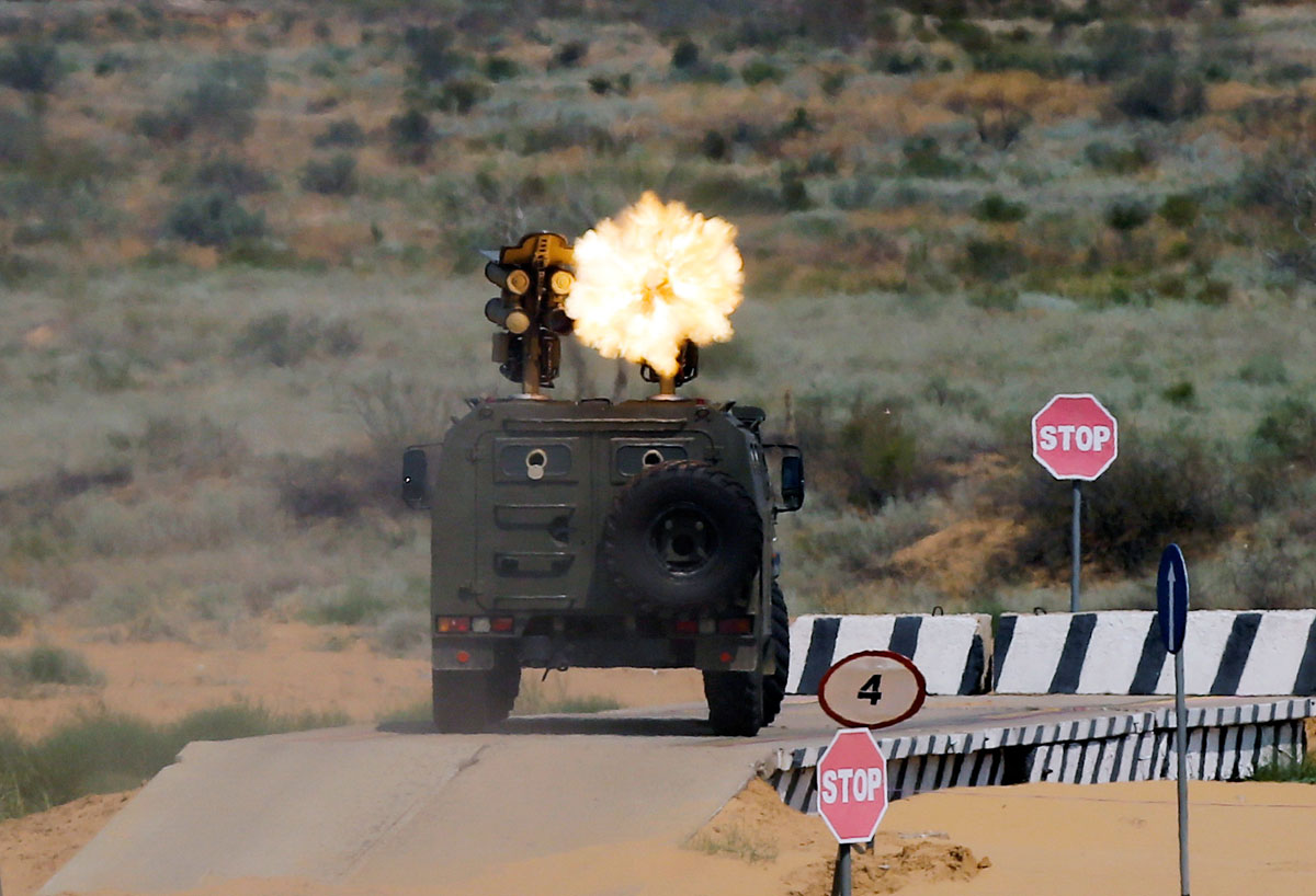 Kornet-D1 mobile antitank missile complex performs during the International Army Games 2016 at the Ashuluk military polygon outside Astrakhan