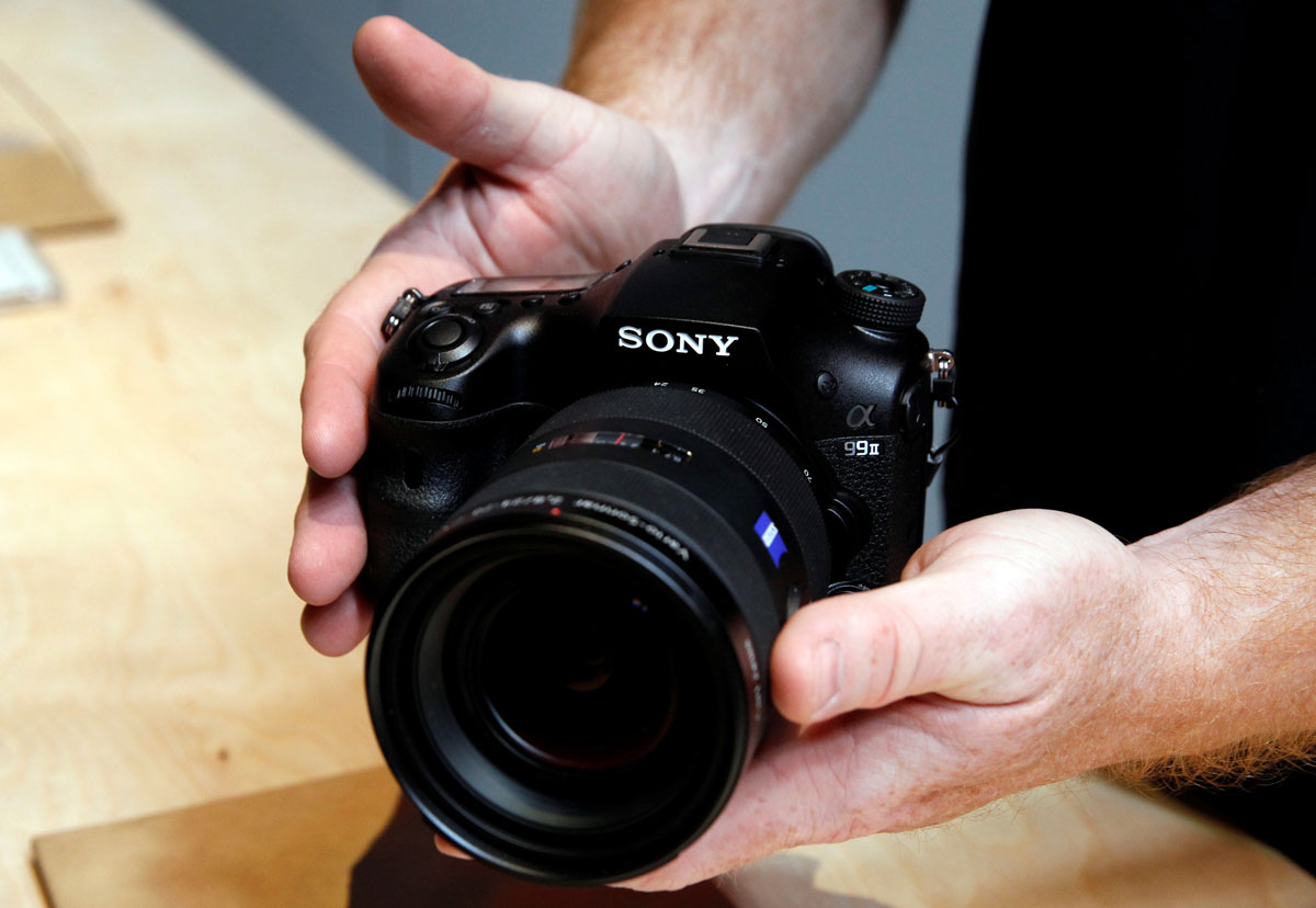 A Sony A99 II camera is displayed during a Sony news conference at the 2017 CES in Las Vegas