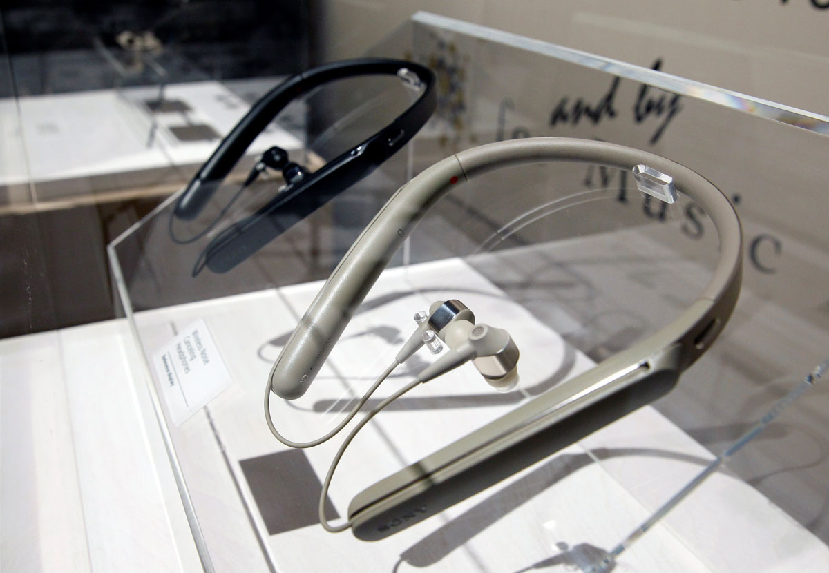 Wireless noise-canceling earphones are displayed during a Sony news conference at the 2017 CES in Las Vegas