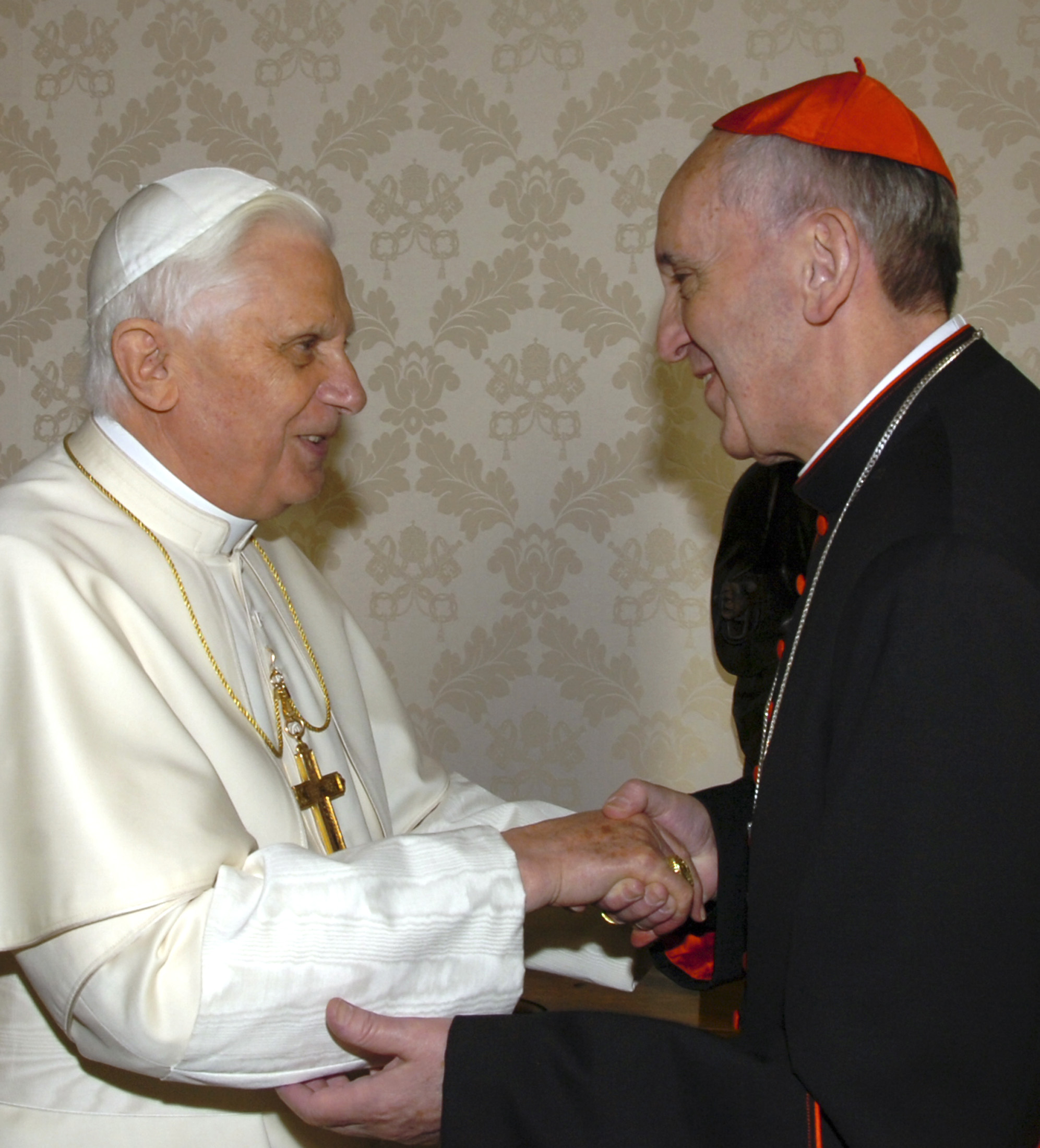 Pope Benedict XVI greets the Archbishop of Buenos Aires Cardinal Jorge Mario Bergoglio at the Vatican