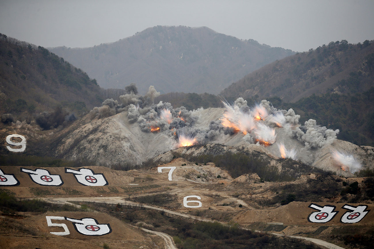 Explosions are seen at target during U.S.-South Korea joint live-fire military exercise at training field near the DMZ in Pocheon