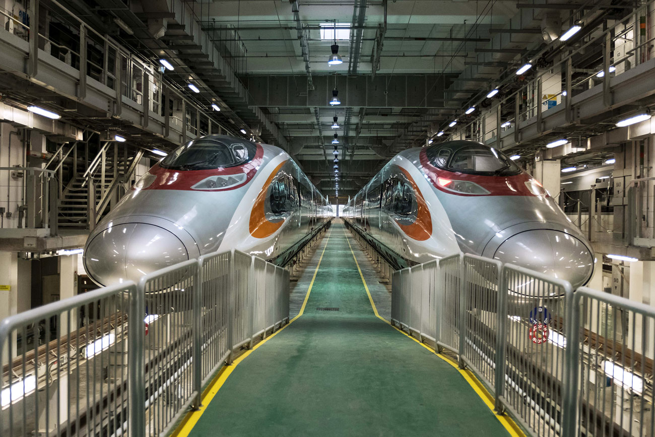 Two Guangzhou-Shenzhen-Hong Kong Express Rail Link (XRL) trains stand in Hong Kong