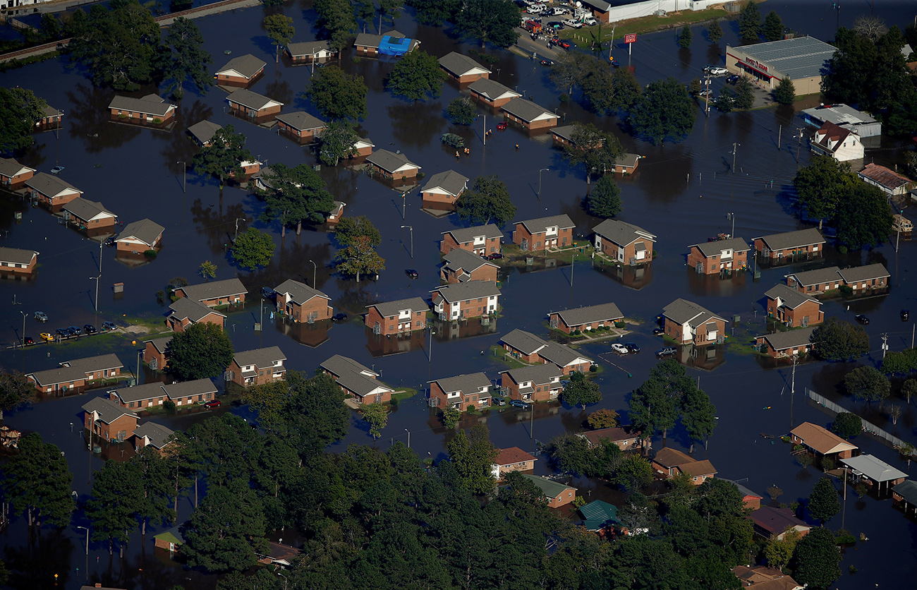 An aerial view shows a neighborhood that was flooded after Hurricane Matthew in Lumberton, North Carolina