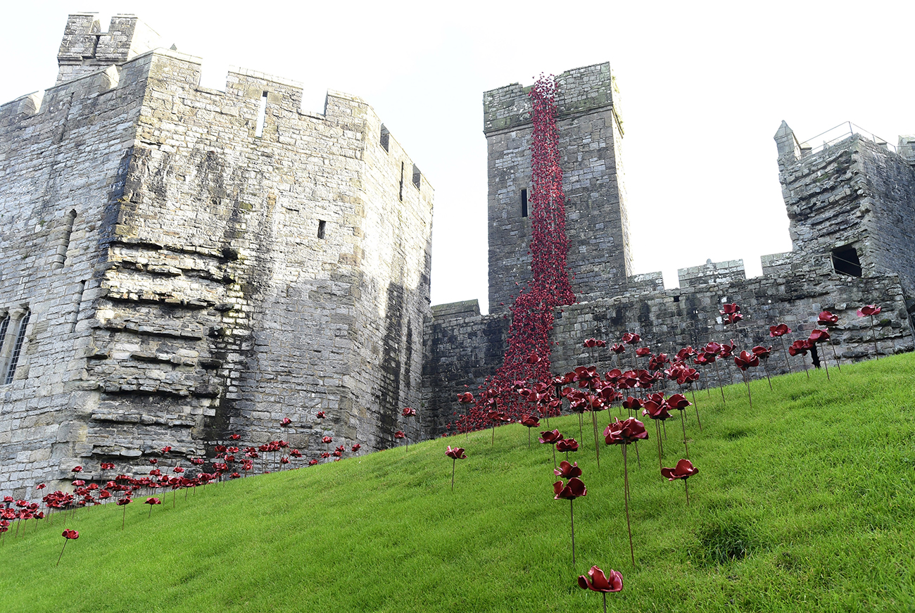 The poppy sculpture 'Weeping Window', a cascade of thousands of handmade ceramic poppies by artist Paul Cummins and designer Tom Piper on display at Caernarfon Castle