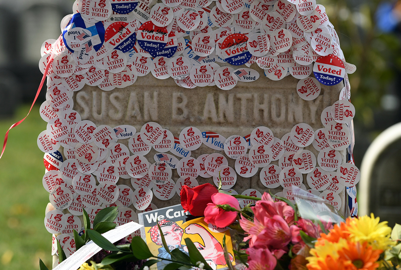 The grave of women?s suffrage leader Susan B. Anthony is covered with "I Voted" stickers left by voters in the U.S. presidential election