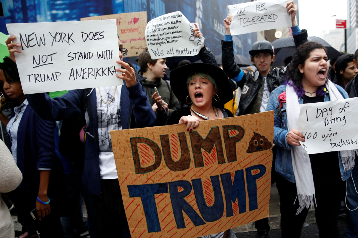 Demonstrators gather near Trump Tower in New York 