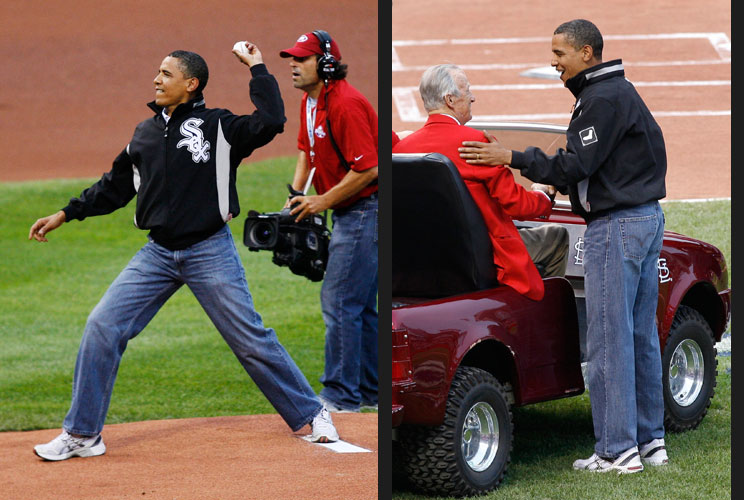 Metro-sexual in chief he is not. Back in ’09, Obama caused a fashion emergency when he showed up to throw out the first pitch at the Major League Baseball All-Star Game in what fashionistas dubbed "Dad jeans" — or worse, "Mom jeans." Obama later defended 