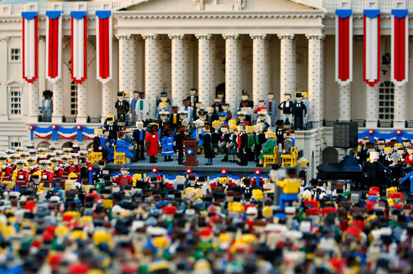 		<p>More than a thousand mini-figures are shown on display as Legoland unveils a replica of the 56th presidential inauguration in Carlsbad, California January 16, 2009. President-elect Barack Obama his wife and family are shown at left as Chief Justice J